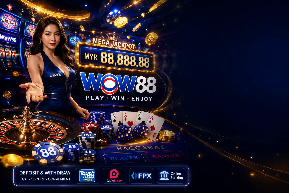 Wow88 mega jackpot MYR 88,888.88 — live baccarat, slots, and Touch 'n Go, DuitNow, FPX payment support
